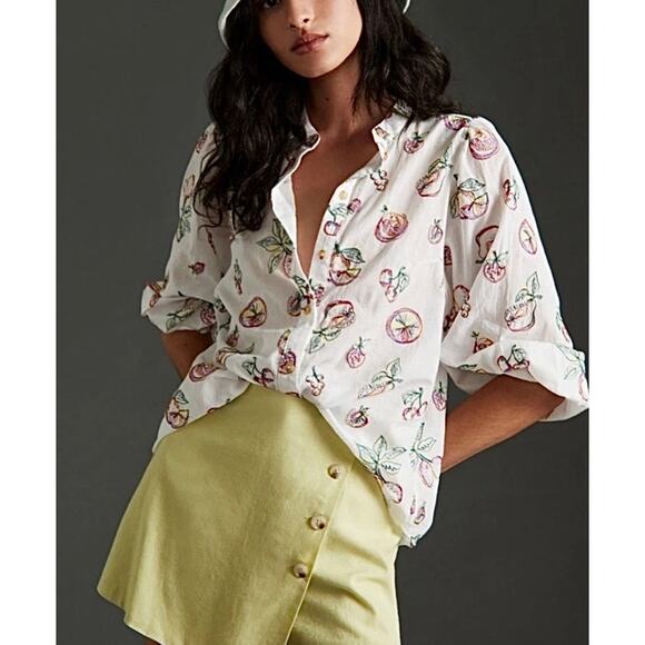 Pilcro by Anthropologie Tops - Anthropologie Pilcro Bella Embroidered Fruit Blouse White Cotton Medium Petite